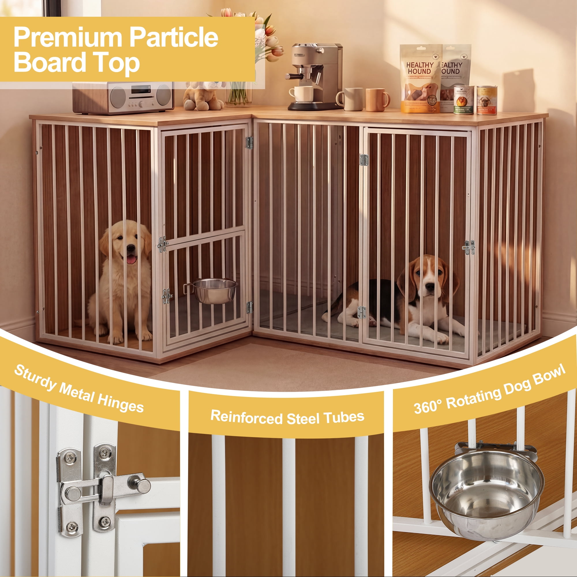 TPHORK Dog Crate Furniture for 2 Dogs, Corner Heavy Duty Double Dog Kennel Furniture with Divider, Indoor Wooden Dogs Crate Large Breed, White