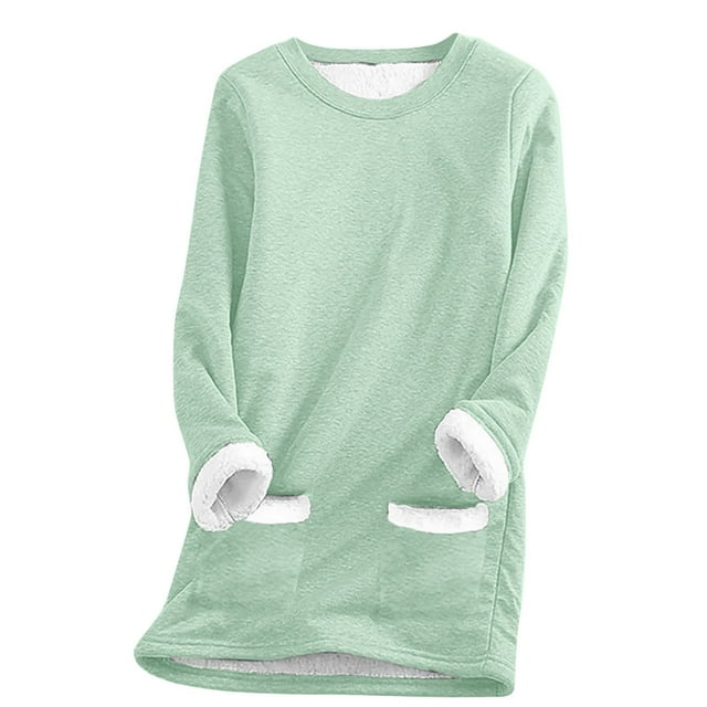 Timegard Womens Tops Fall Winter Fleece Thick Warm Tops Crewneck Comfy Mid Long Blouse with Pocket