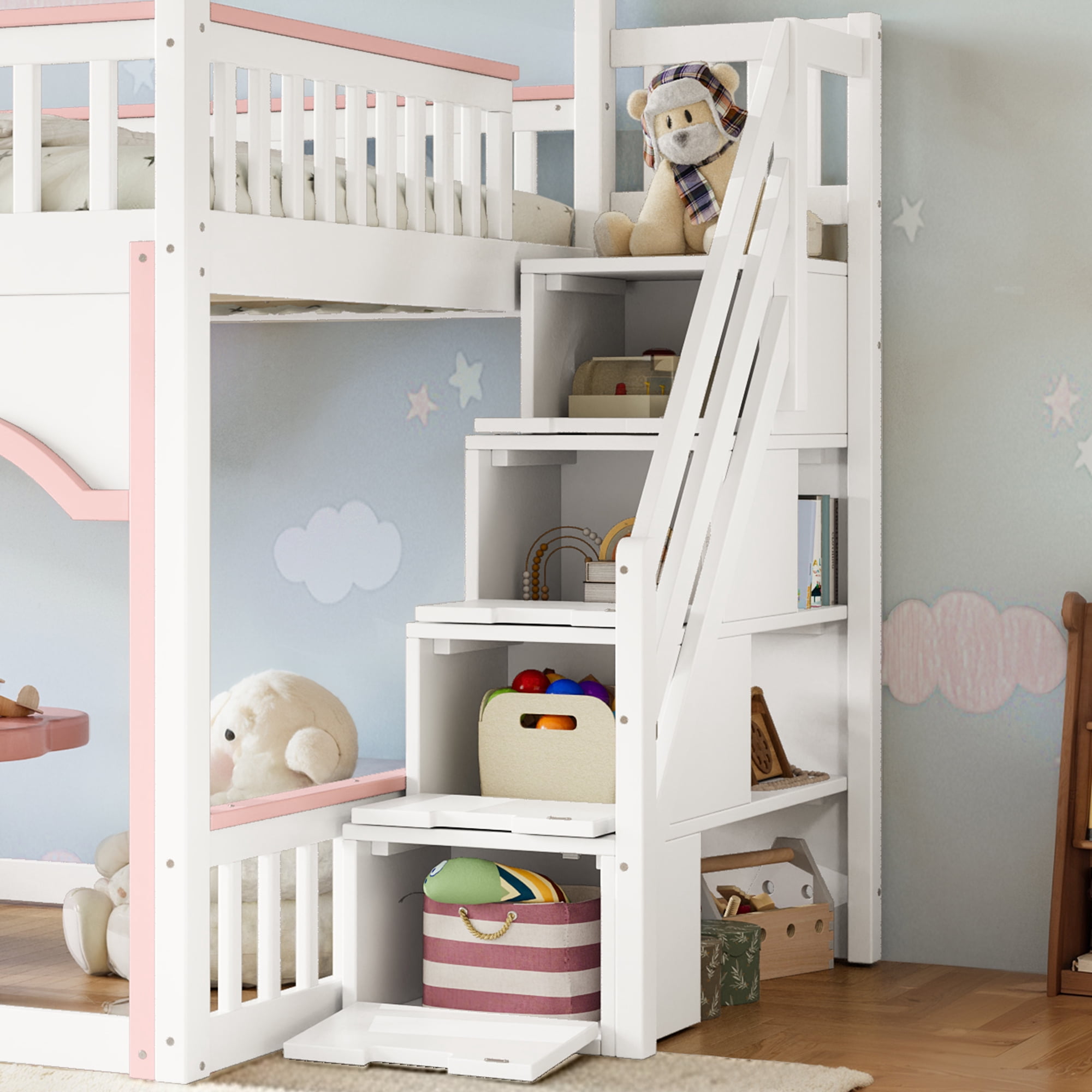 HOQBN Full over Full House Bunk Bed with Storage Stairs, House Bunk Bed with Window & Side Bookshelf, Solid Wood Bed Frame with Play Designed, Convertible Lower Space for Sleep or Play, White+Pink