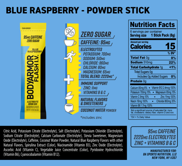 BODYARMOR Caffeine Flash IV Blue Raspberry flavored Electrolyte Mix, 0.28 oz Pouches, 6 Pack