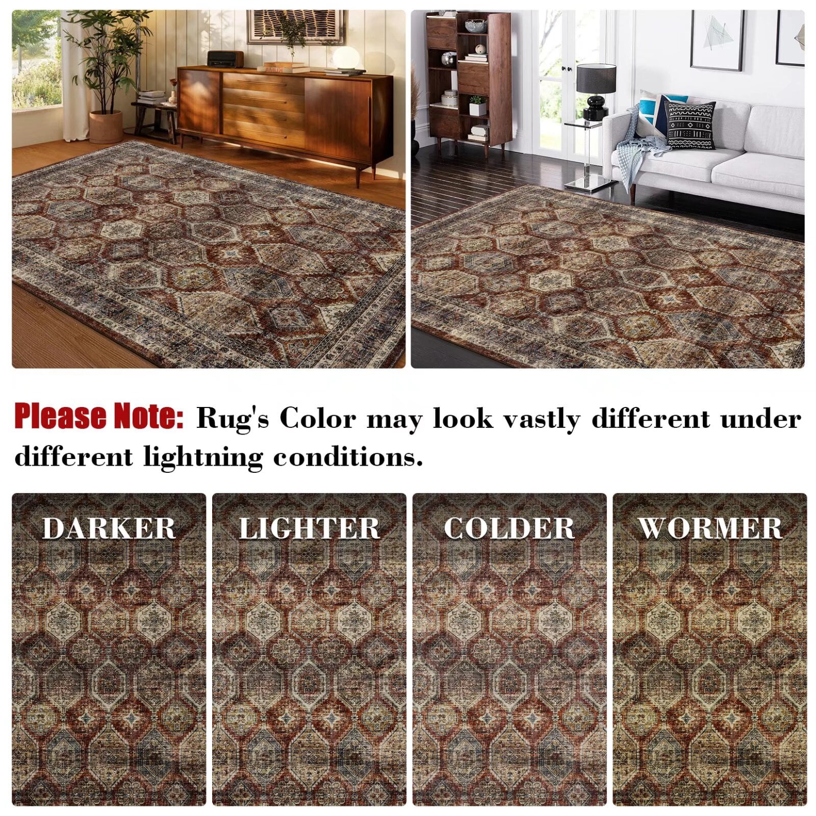 Hasoo Indoor Washable Area Rug 9' x 12' Floral Rugs for Living Room Geometric Throw Floor Mats Non-Slip Accent Carpet Brownish Red