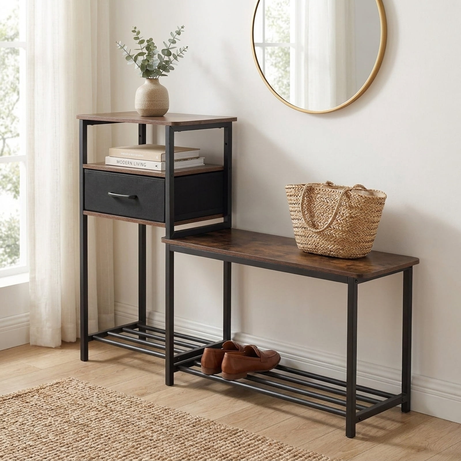 Furnibear 3 Tier Shoe Storage Rack Bench with Fabric Drawer and Metal Frame for Entryway Shoe Bench with Storage, Rustic Brown