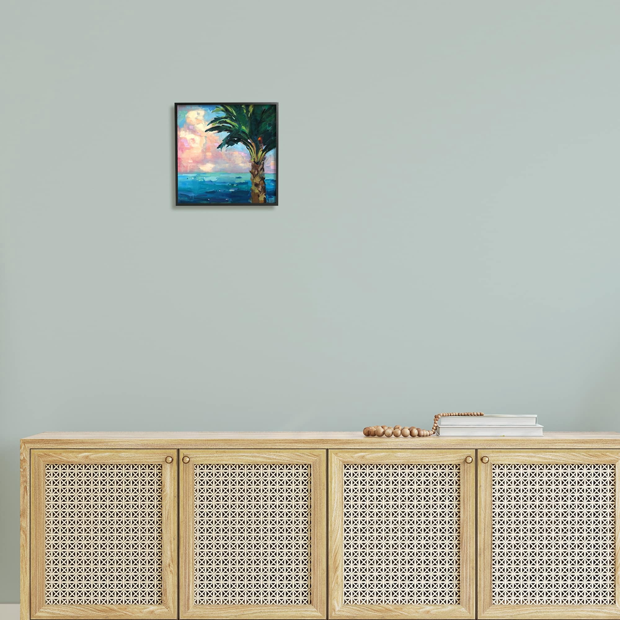 Stupell Industries Bold Beach Horizon Palm Tree Pink Sunlit Clouds Painting Black Framed Art Print Wall Art, Design by Page Pearson Railsback
