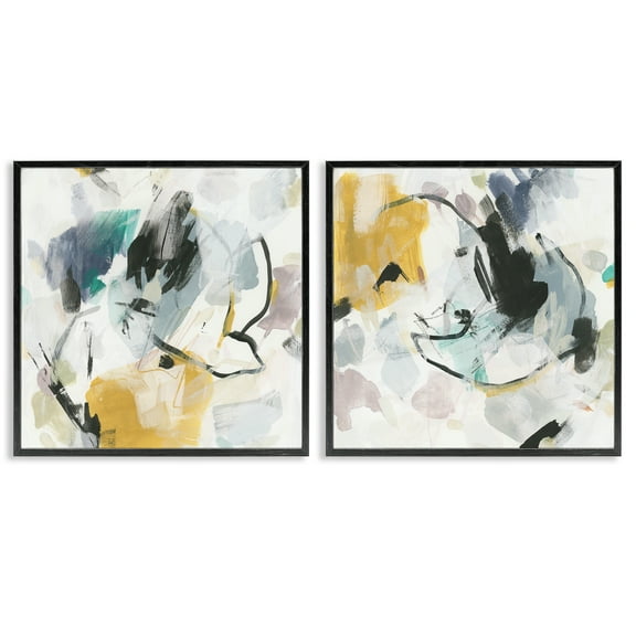 Stupell Industries Black & Yellow Abstract Splash Abstract Painting Black Framed Art Print Wall Art, 12 x 12, Set of 2