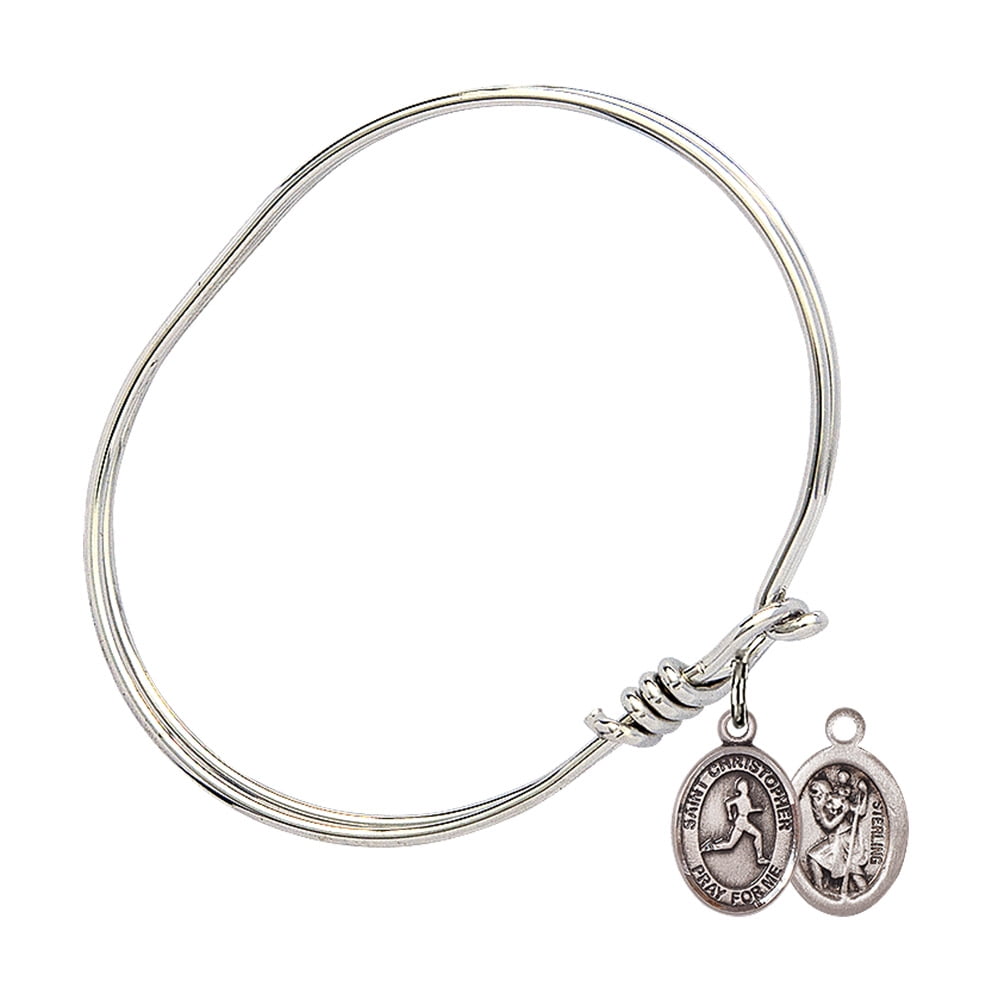 5 3/4 inch Oval Eye Hook Bangle Bracelet w/ St. Christopher/Track & Field in Sterling Silver