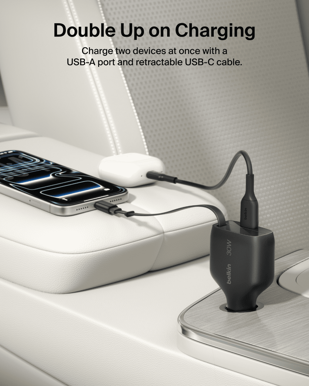Belkin BoostCharge 30W USB-C Car Charger with Retractable USB-C Cable Fast Car Charging Adapter USB-C Power Delivery iPhone & Android Car Charger