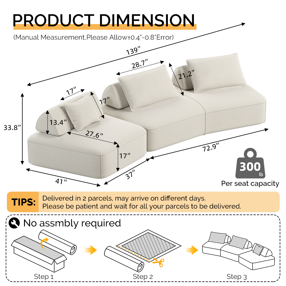 MOONMISS 139" Modern Light Luxury Oversized Modular Sectional Sofa Set,DIY Upholstered Fluffy Chenille Sofa with Removable Backrests and Soft Pillows for Living Room,Office,Beige
