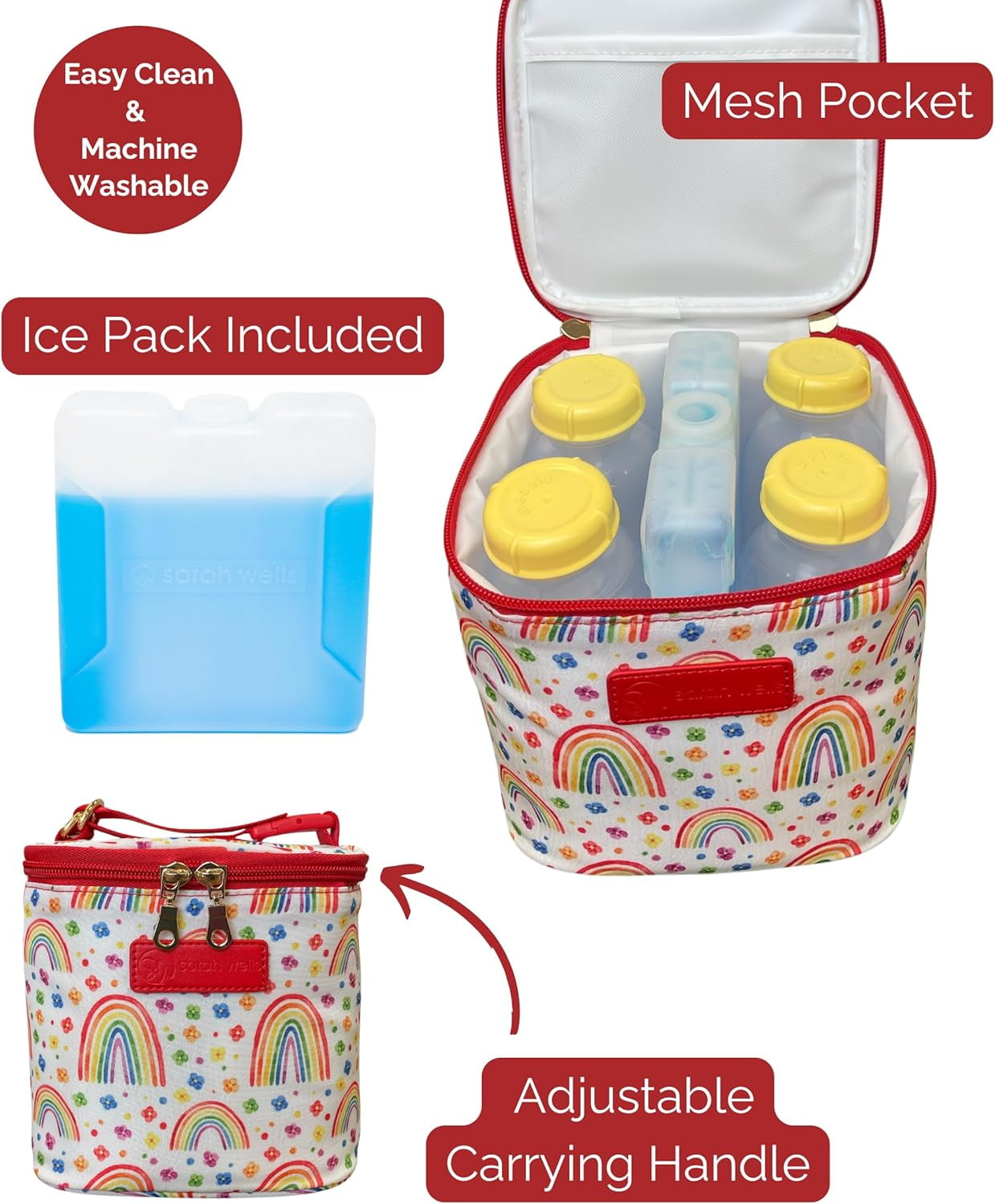 Sarah Wells Cold Gold Breast Milk Cooler Bag with Ice Pack, Insulated Storage for Bottles & Pump Parts, Washable (Rainbows)