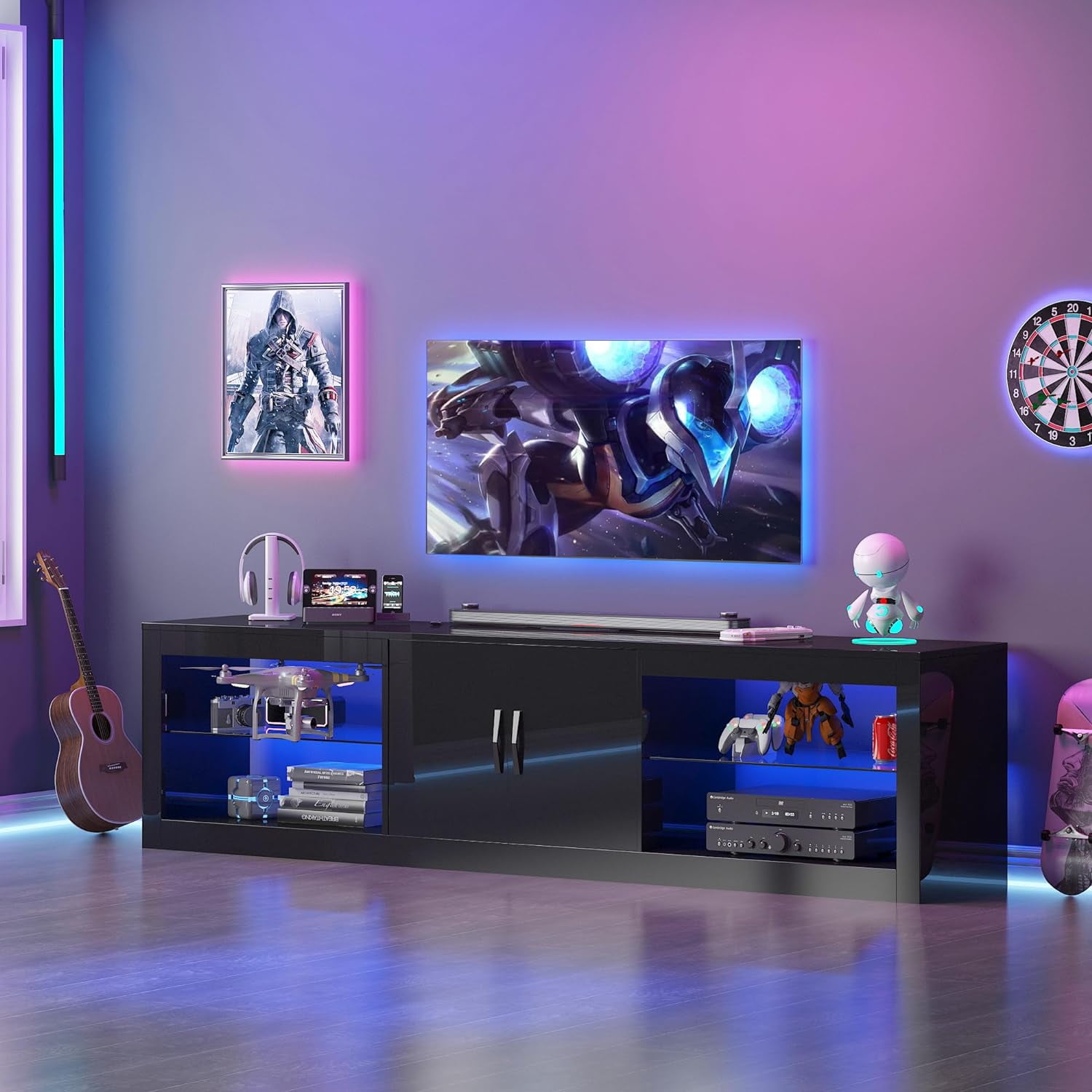 ChVans Large LED TV Stand for 75/85" TV with Power Outlets, Living Room Entertainment Center with Storage Drawers&Cabinets Furniture, Black High Gloss TV Cabinet Console Table-70.9"
