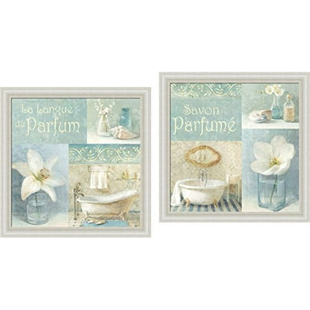- FRAMED SET Parfum I and II by Danhui Nai 12x12 Wall Art Print Poster Blue Bath Bathroom Coastal Shells White Poppy &