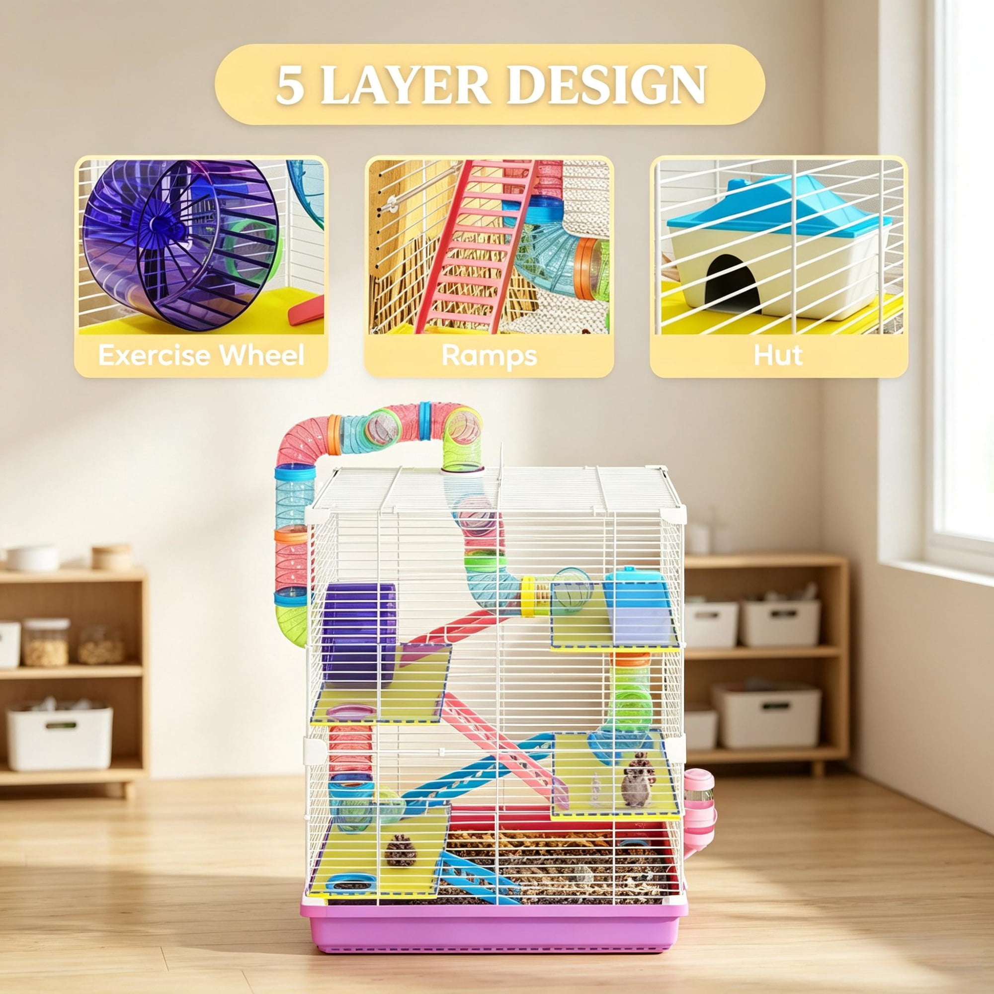 5-Tier Portable Hamster Cage for Short Trip Outing, Small Animal Travel Carrier with Tunnel Tubes, Pink