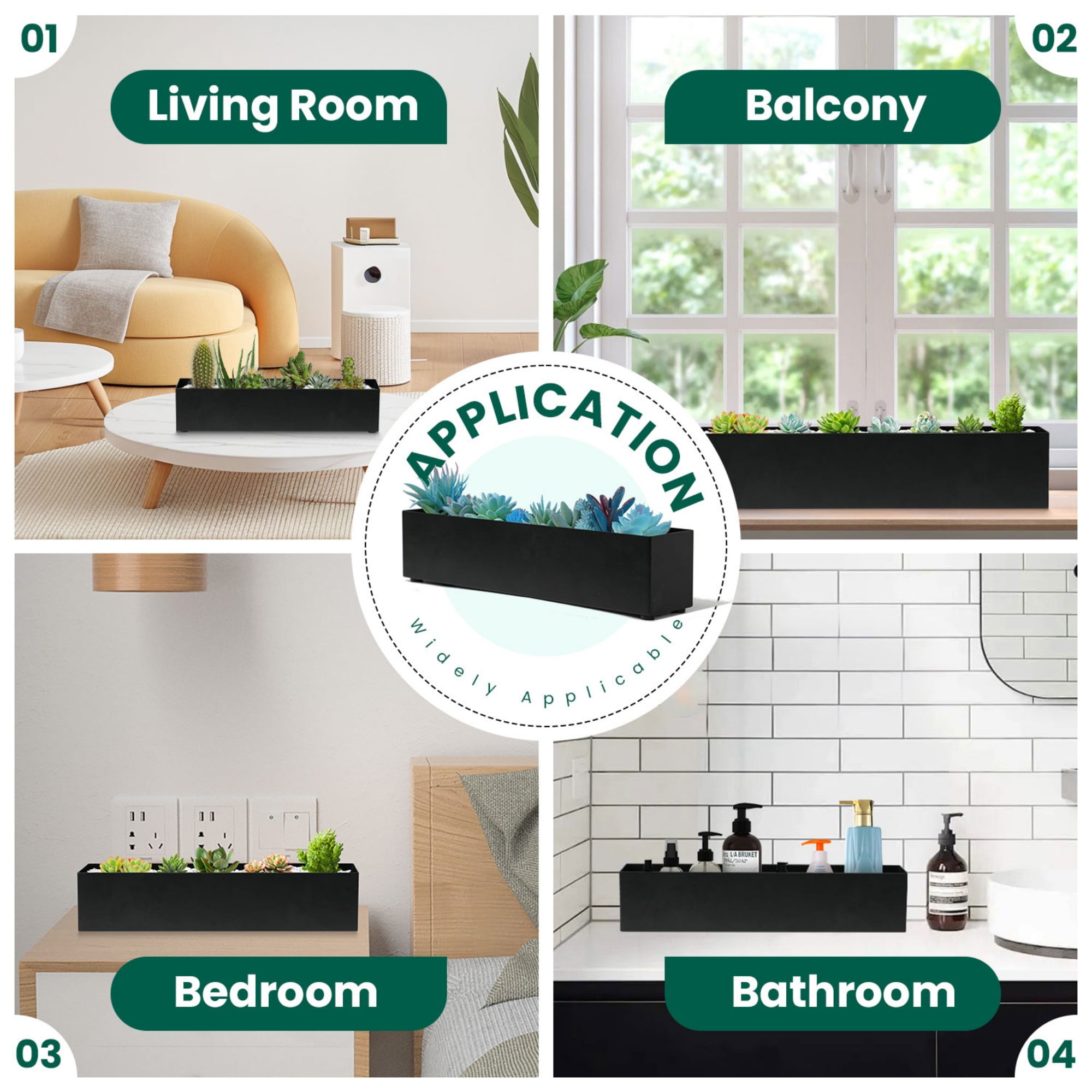 Metal Steel 16" Window Box Rectangular Succulent Planter Box Table Sill Plant Pots Modern Long Durable for Small Herb with Drainage Hole for Indoor Outdoor, with 4 Free Rubber Mats, Black