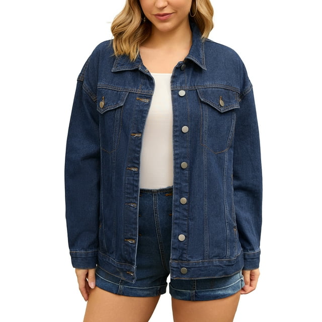 INSPIRE CHIC Women's Oversized Denim Long Sleeve Button Down with Pockets Jean Jacket XL Dark Blue