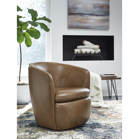 Signature Design by Ashley Kierreys 360° Swivel Accent Chair Caramel Leather Arm Chair High-Resilience Cushion Living Room Bedroom Furniture