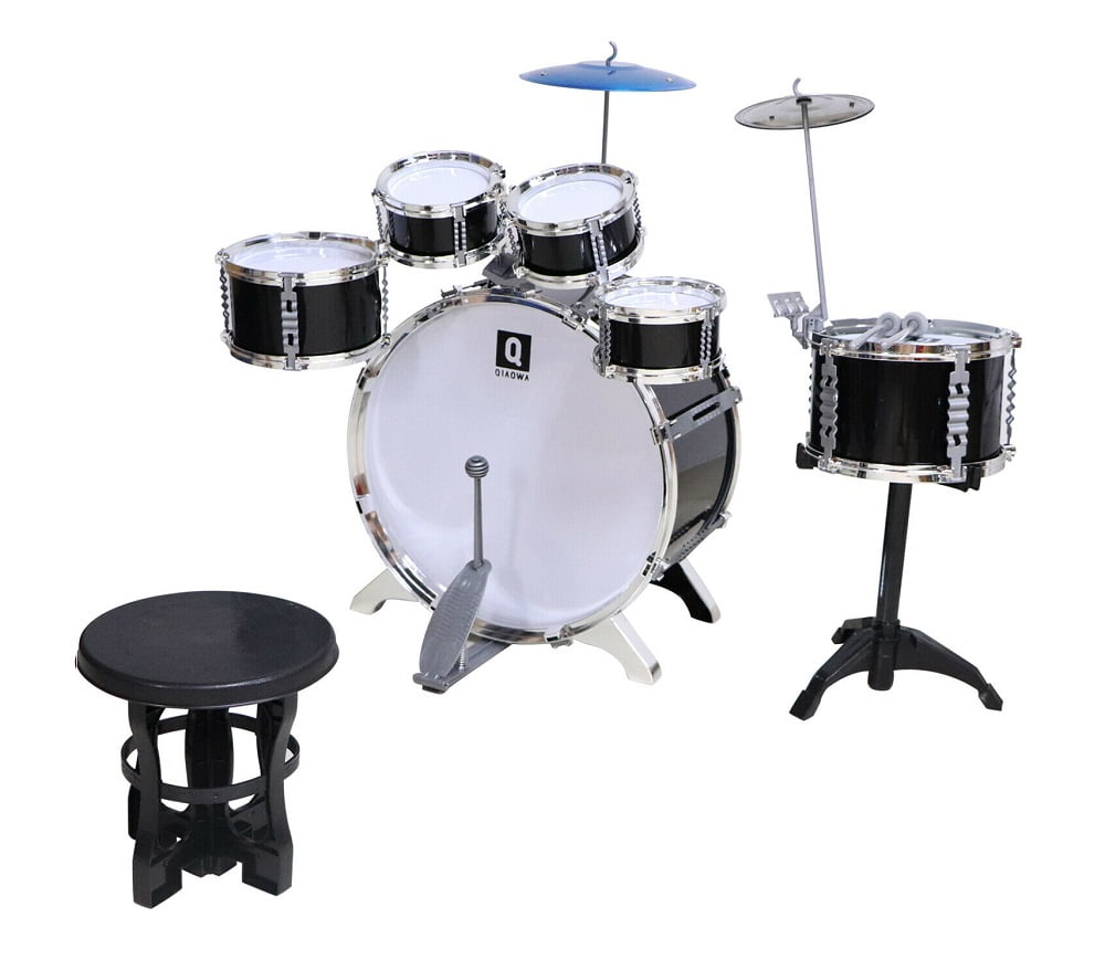 6 Pieces Kids Toys Drum Set Black Musical Instrument With Stool