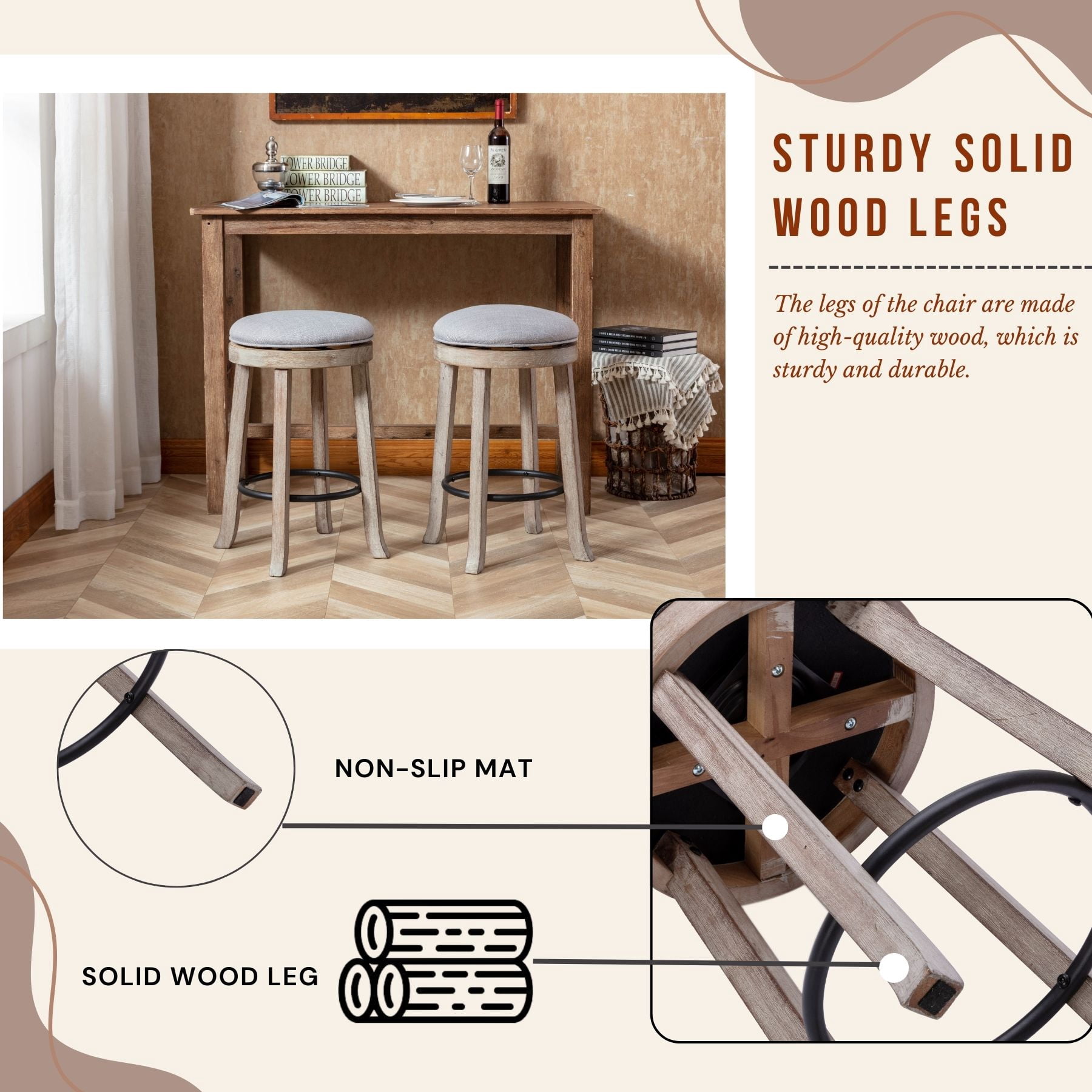 Dayalane Farmhouse 360° Swivel Bar Stools Set of 2, 25.6" Counter Height Round Linen Barstools with Wood Legs and Footrest, Backless Kitchen Island Chairs for Dining Room, Pub, Coffee Bar,Grey