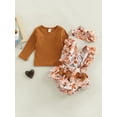 thumbnail image 2 of Franhais Infant Baby Girl Jumpsuit Set, Solid Color Ribbed Long Sleeve Romper + Flower Print Ruffled Suspender Shorts + Bow Headband, 2 of 8