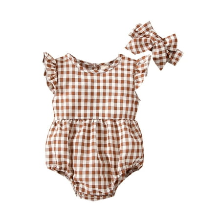 

Calsunbaby Infants Baby Girl Romper Plaid Print Round Neck Flying Sleeve Design Bottom Snap Jumpsuit Bow Headband