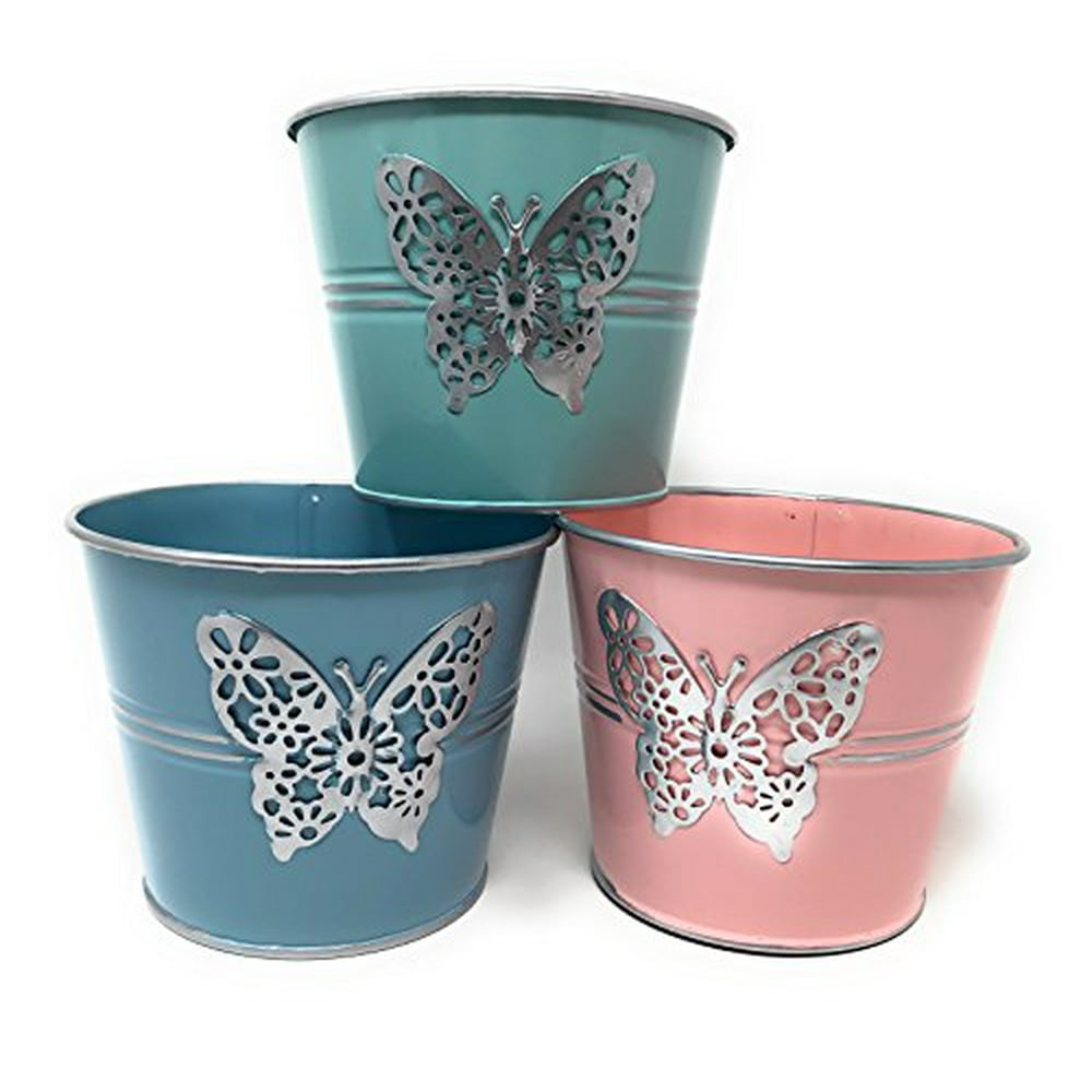Tall Spring Butterfly Tin Flower Plant Pot Cover with Plastic Inserts