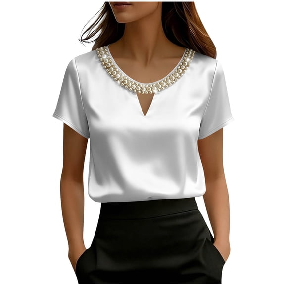 Ohufall Women's T-shirt Satin Pearl Crew Neck Soft T Shirts Short Sleeve Comfy Summer Fashion Tshirt