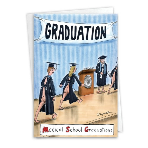 Funny Graduation Greeting Card with 5 x 7 Inch Envelope (1 Card) Medical School Grad - Grads in Gowns Split Open at the Back
