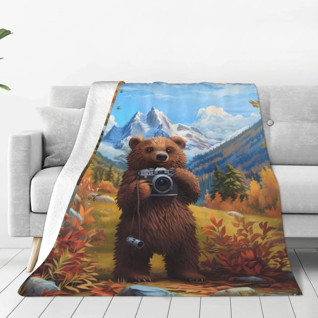 Balery Snowy Mountain Photography Bear Manta de Felpa Suave y Acogedora – Cobija de Franela Aterciopelada para Cama, Lavable y Cálida para Sofá, Mascotas, Transpirable-50"x40"