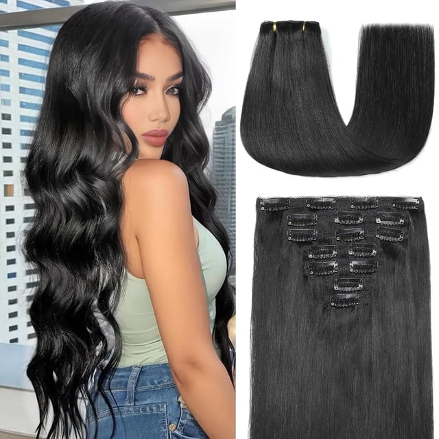 Extensiones de cabello humano real YNSNR, 35 cm, 80 g, 7 unidades, color negro azabache