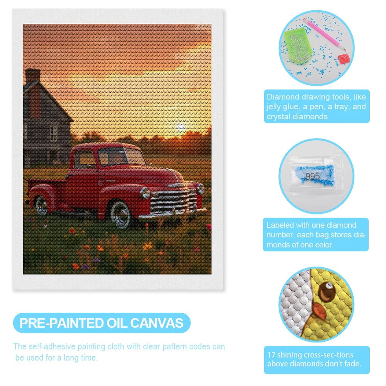 Diamond Art Kits for Adults, Classic Red Truck Sunset Field 5D Diamond Painting Kits for Adults Beginners, DIY Full Drill Diamond Painting, Gem Art and Crafts 12x16