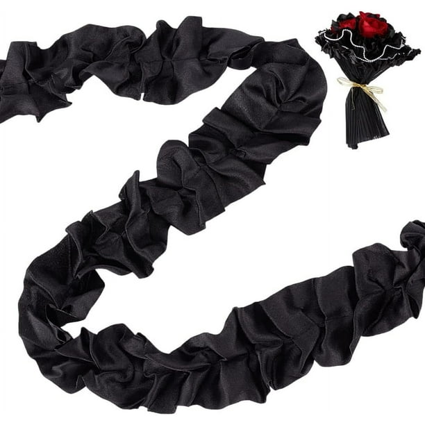 Cinta con volantes para envolver flores negras de 5 yardas, cinta de encaje plisada, ribete negro vintage, decoración de ramo de tela