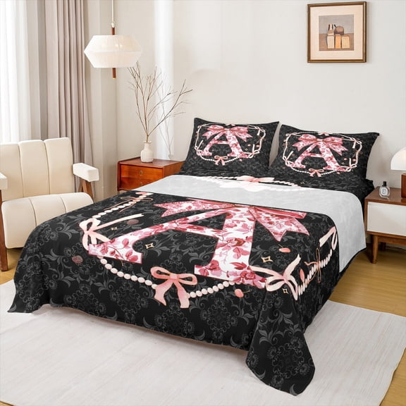 Castle Fairy Ribbon Bowknot Letter Monogrammed A Twin Sheet Sets 3pcs for Child Teens Adults,Boho Vintage Floral Damask Twin Fitted Sheet Microfiber,Princess Pearl Bow Breathable Flat Sheet