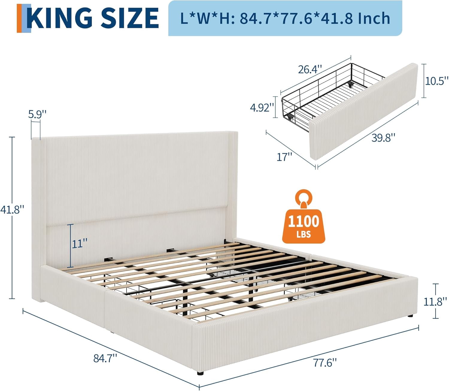 King Size Bed Frame with Storage Drawers, Corduroy Upholstered Platform with Wingback, Tufted Headboard and Footboard, No Box Spring Needed, Beige