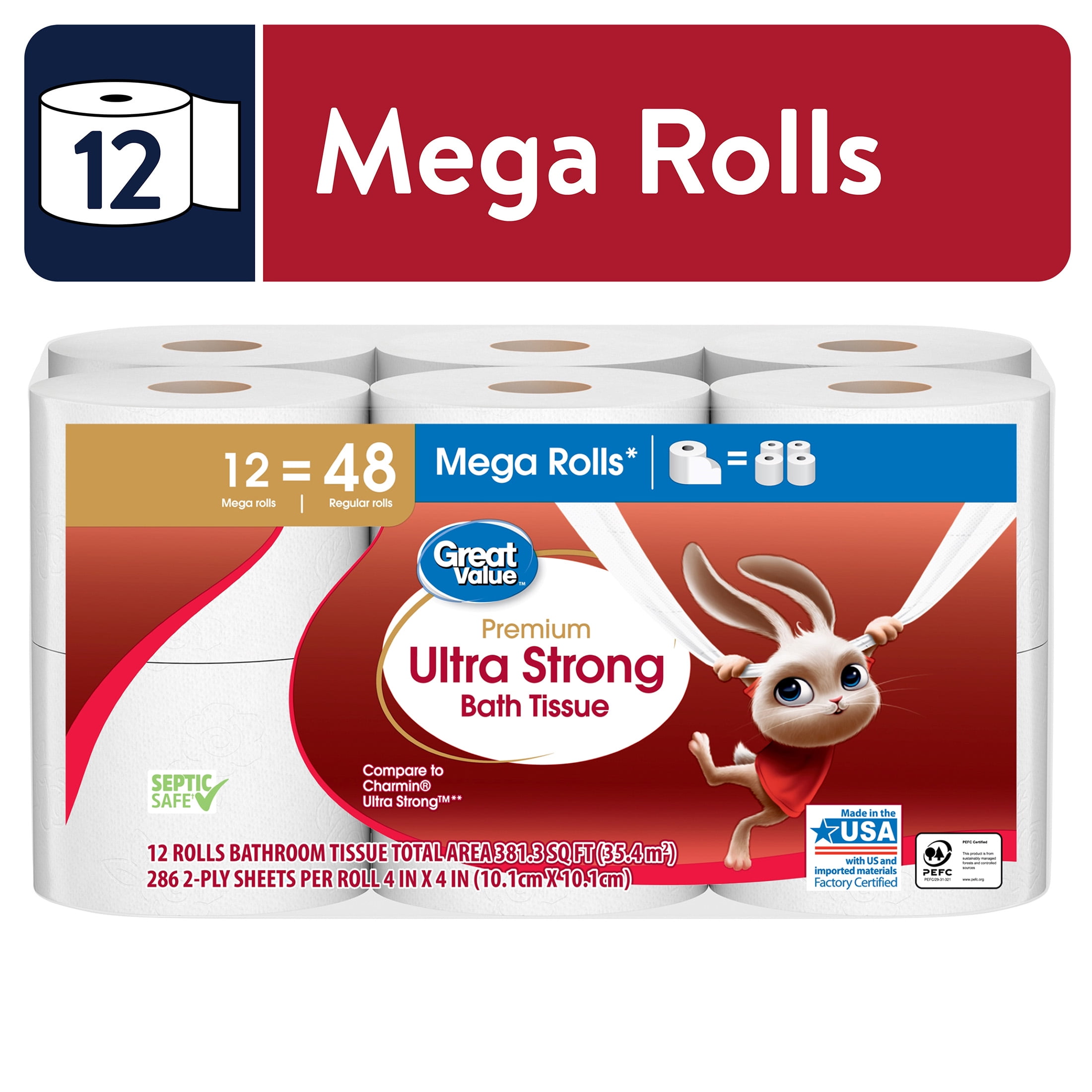 Great Value Ultra Strong Toilet Paper, 12 Mega Rolls