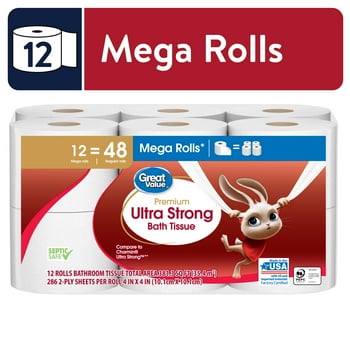 Great Value Ultra Strong Toilet Paper, 12 Mega Rolls