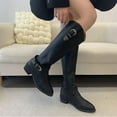 thumbnail image 4 of Tawop Womans Boots Knee High Chunky Low Heel Buckle Pointy Toe Black Boots, 4 of 9