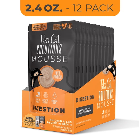Tiki Cat Solutions Mousse, Digestion, Chicken & Egg Recipe in Broth Cat Food, 2.4 oz., Case of 12