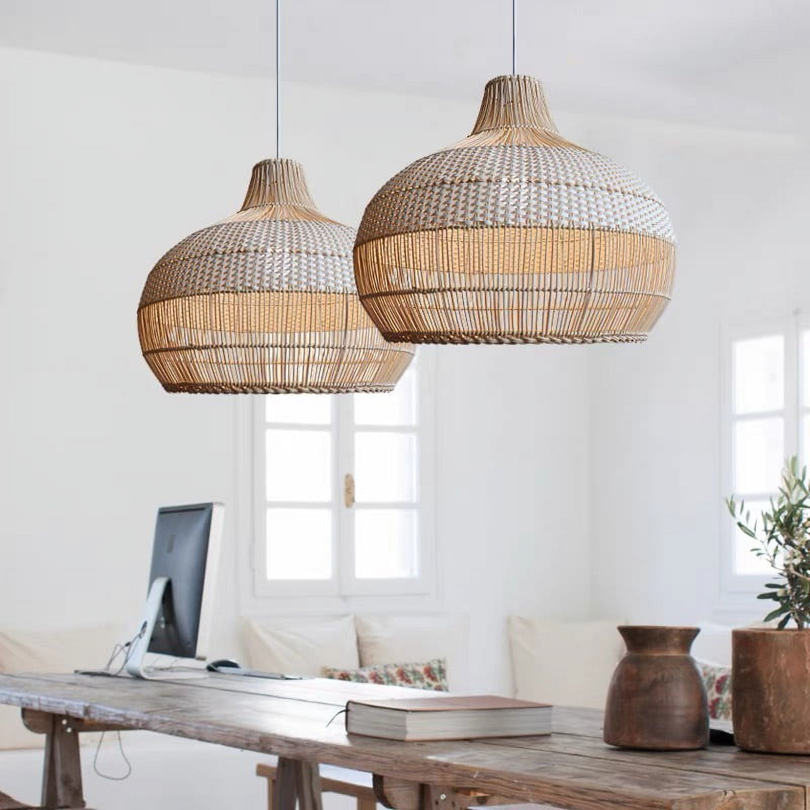 Arturesthome White Handwoven Rattan Boho Pendant Lighting Fixtures Wicker Hanging Ceiling Light Chandelier Handmade Woven Basket Lampshade- Lights