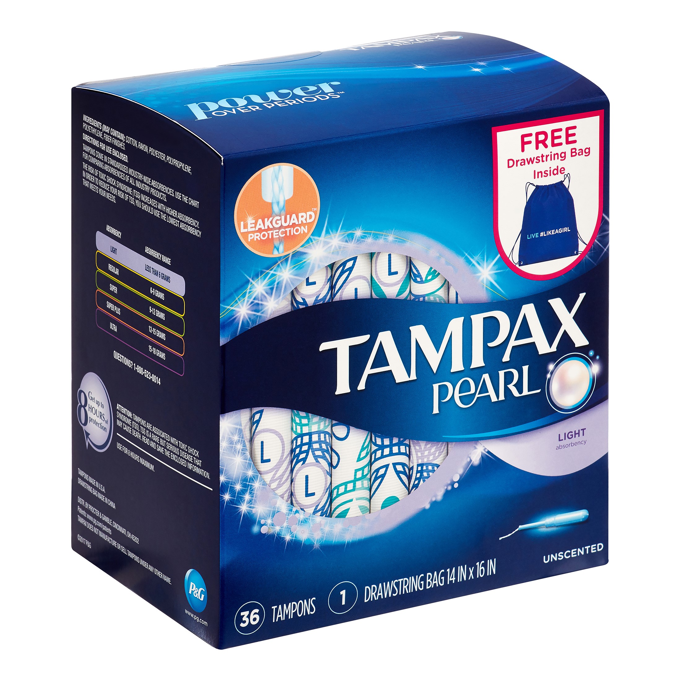 Tampax Pearl Lite Tampons with Drawstring Bag, 36 Count