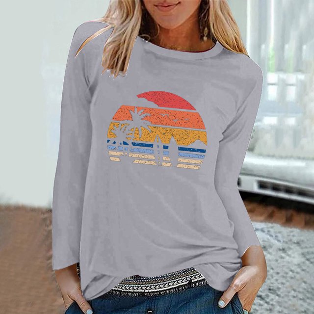 EQWLJWE Chemises à Manches Longues pour Femmes Lot Mode T-Shirt Décontracté à Manches Longues Imprimé de Printemps pour Femmes Col Rond Hauts Vêtements d'Automne pour Femmes