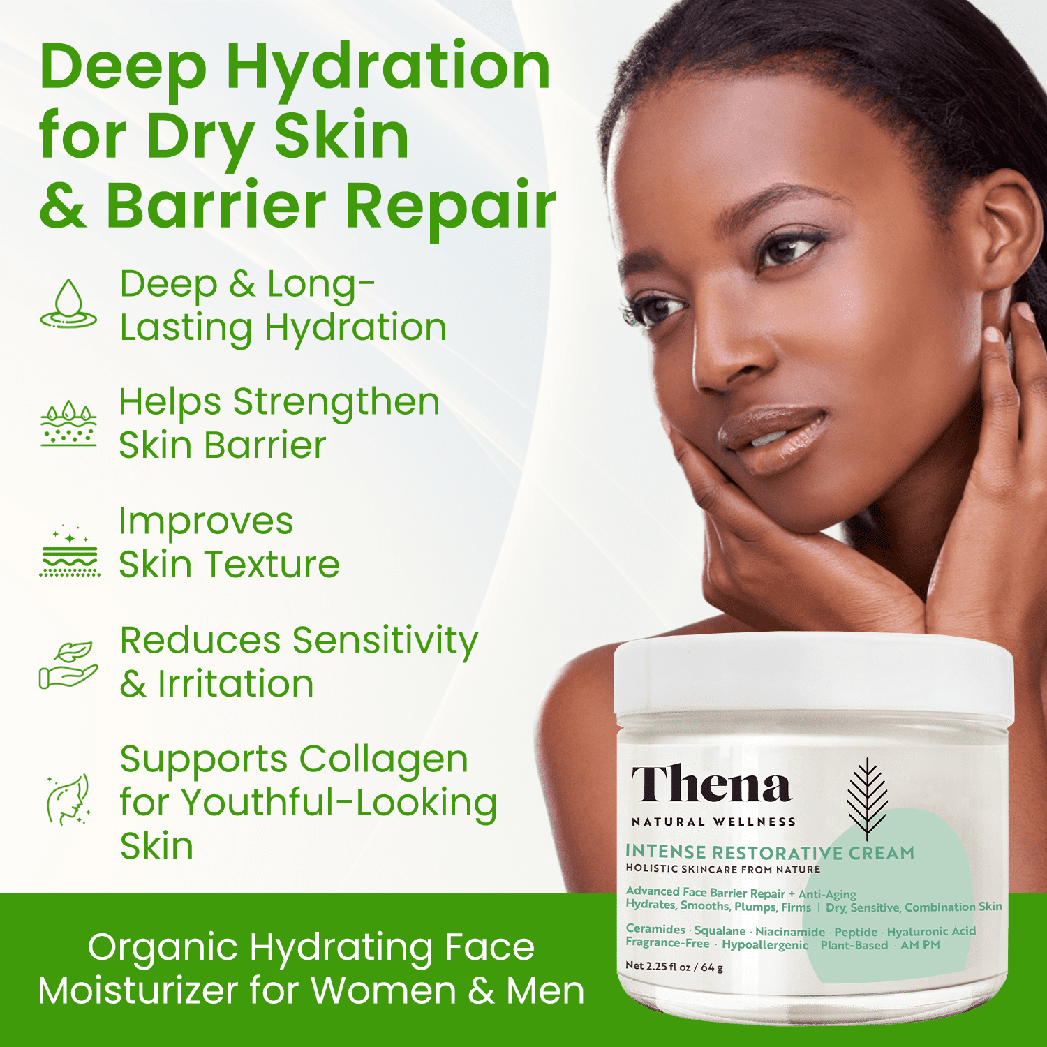 Thena Advanced Barrier Repair Face Cream for Dry Sensitive Skin with Ceramides, Niacinamide & Peptides, Daily Hydration & Soothing Recovery, Fragrance Free