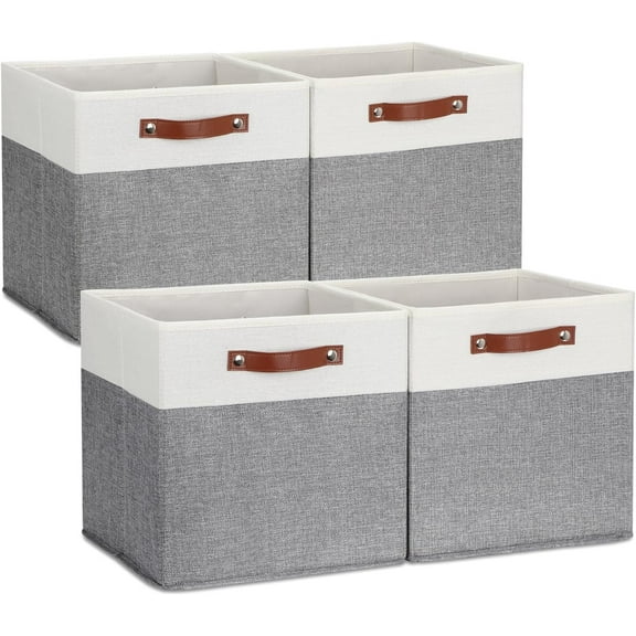 Storage Cubes 13 inch, Collapsible Sturdy Cube Storage Bins With Handles for Organizing,Fabric Storage Baskets for Shelves Nursery Closet Home Organization (White&Grey-4 Pack)