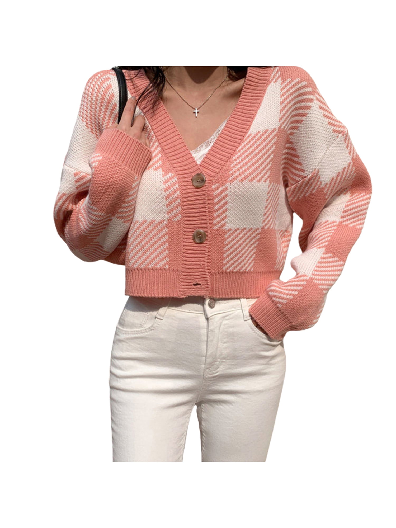 Amiliee Women Cropped Sweater Plaid Long Sleeve Cardigan Knitwear Ladies Knitted Top Shirt Walmart Com