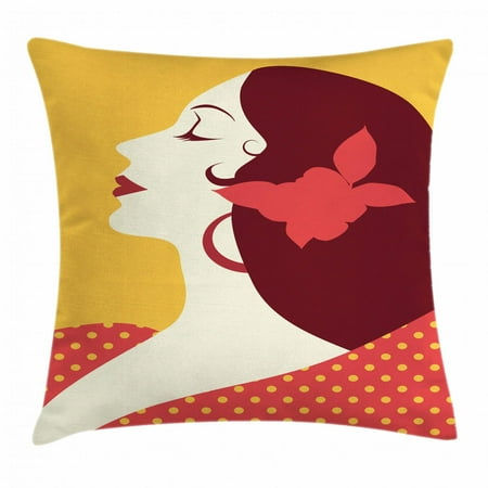 - Spanish Throw Pillow Cushion Cover, Flamenco Woman in Retro Polka Dot Dress with Flower in Her Hair Rhythm Dancer, Decorative Square Accent Pillow Case, 16 X 16 Inches, Earth Yellow Red, by Ambesonne