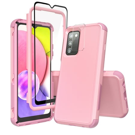 Xhy Samsung Galaxy A03S Case with Screen and Lens Protector Military Grade Full Body Protection 3 in 1 Shock Drop Resistant Rugged Rubber TPU Durable Detachable for Galaxy A03S Phone - Pink
