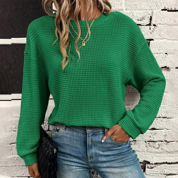 Royisotas Casual Women's Tops Long Sleeve Fall And Winter Green Waffle Knit Women's Shirts Loose Crew Neck Ribbed Cuff Tshirts