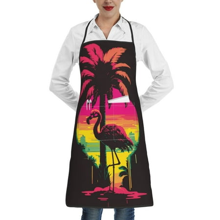 

Gaeub Flamingo And Palm Trees At Sunset Kitchen Cooking Aprons Adjustable Bib Apron Waterdrop and Oil Resistant Kitchen Chef Apron for Women Men