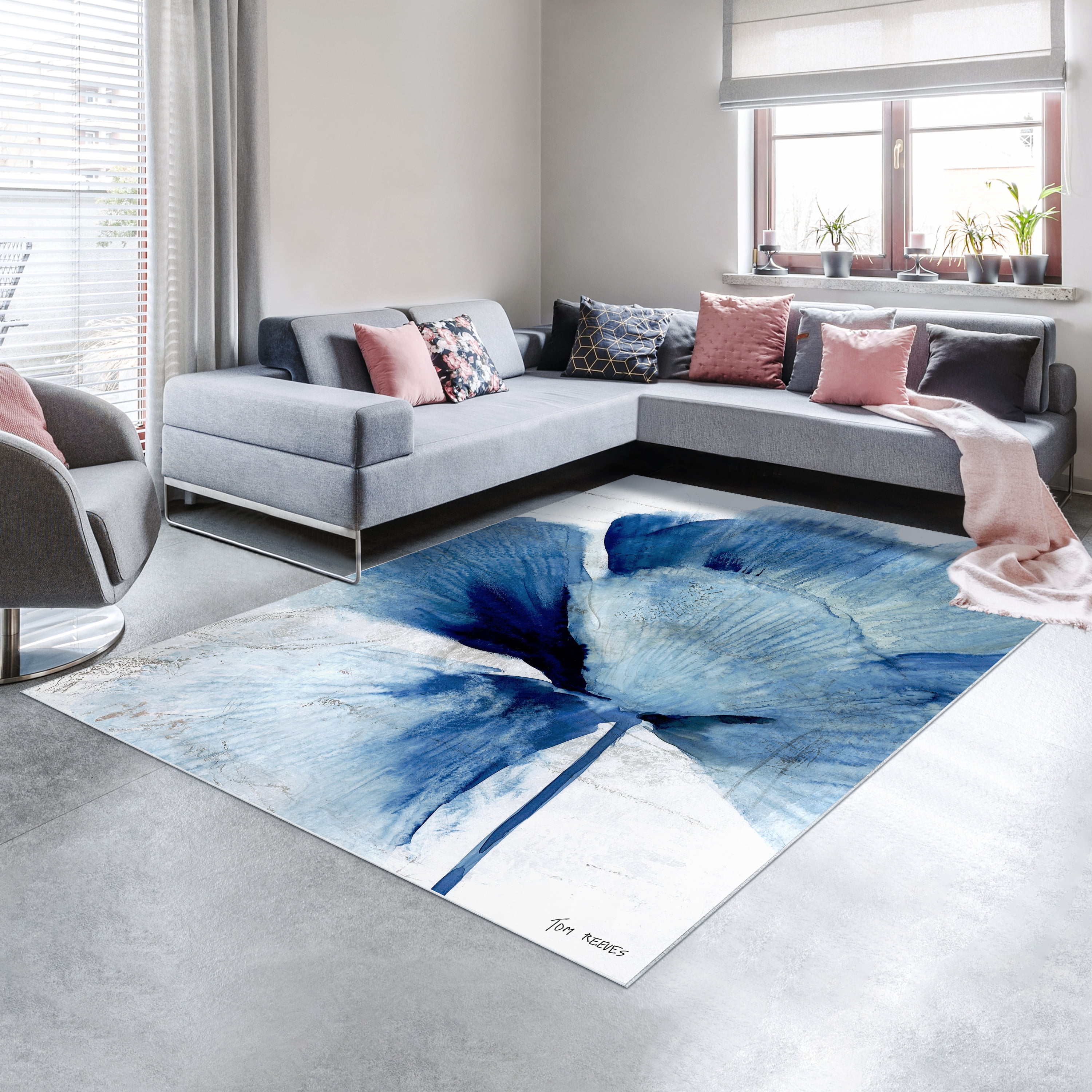 Inky Flower II Washable Blue Art Area Rug size 8'x10', Power-loomed, Heavenly Softness with Non-Slipping Backing