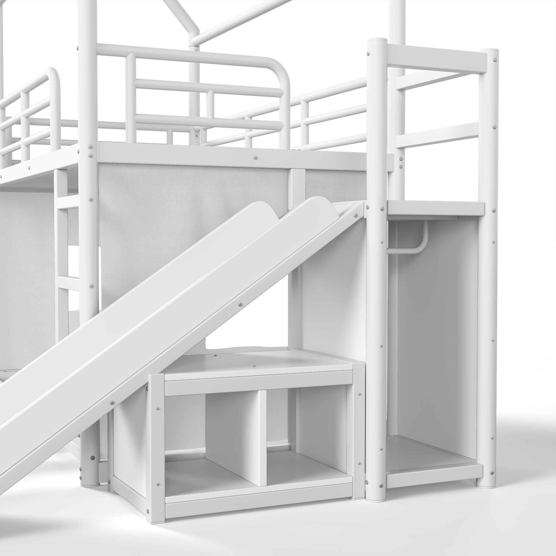 GDF Studio Twin over Full Playhouse Bunk Bed with Slide, Ladder, LED Light, Cabinet & Curtain Rod, White