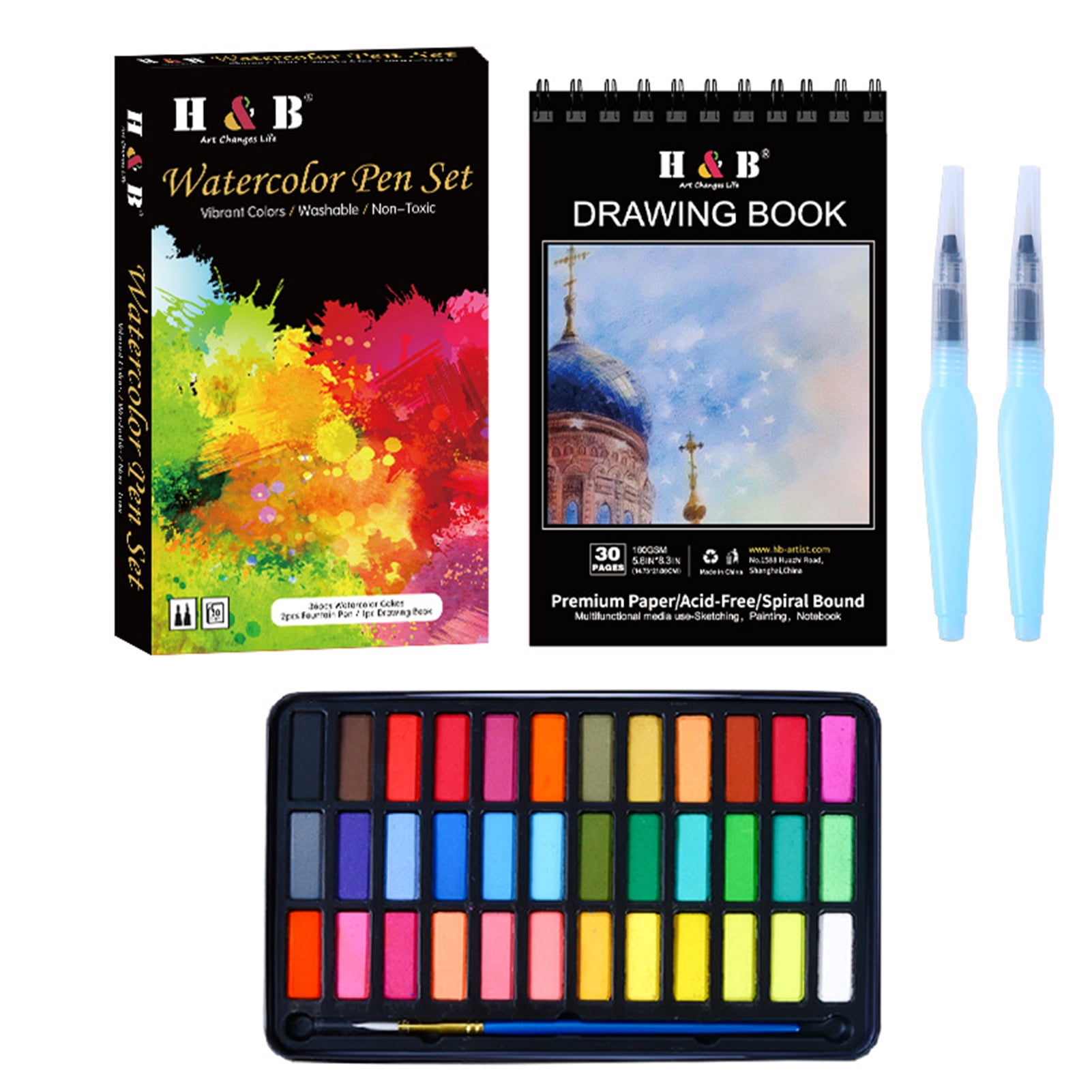 H&B 36 Watercolors Paint Set Kit with 1 * Brush Paintbrush/ 2