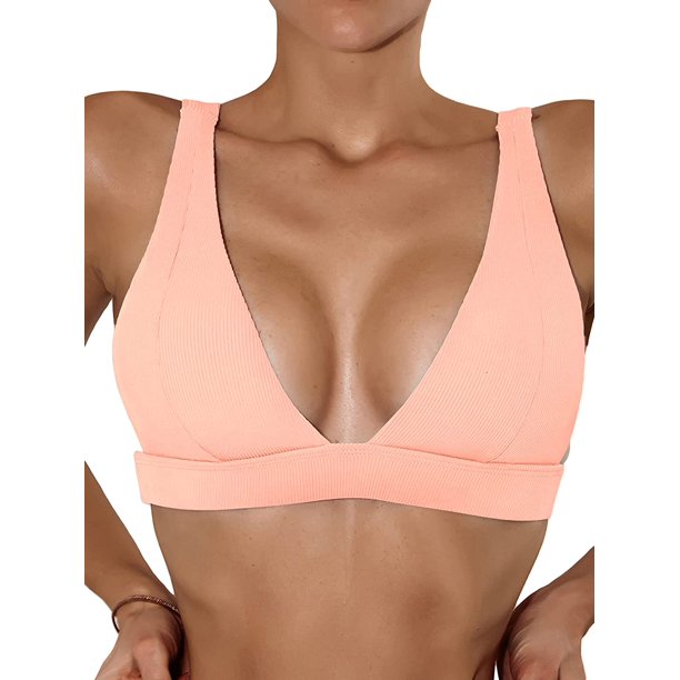 Bikini de punto acanalado para mujer, parte superior de traje de baño con cuello en V, parte superior de traje de baño sólido Rosado CH Rosado CH Xishao ropa