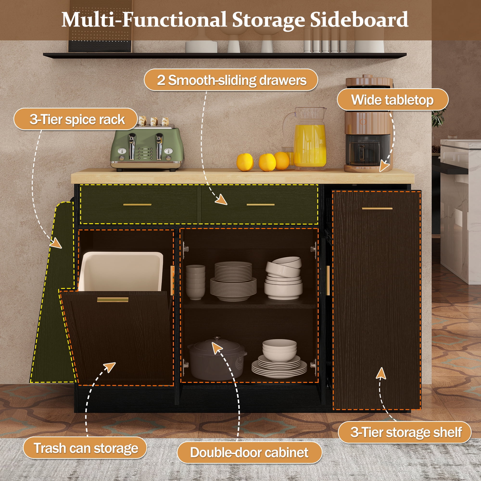 Euroco Farmhouse Buffet Cabinet with Tilt Out Trash Can,48.8" Sideboard Coffee Bar Cabinet with 2 Drawers,Sliding Door Cabinet & 3-Tier Spice Rack,Kitchen Island Table for Kitchen Living Room,Black